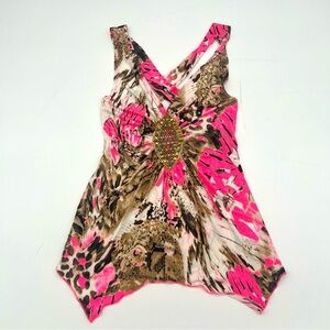 Venus XS Animal Print Sleeveless Top‎ Pink Brown Beaded Detail Crisscross Back